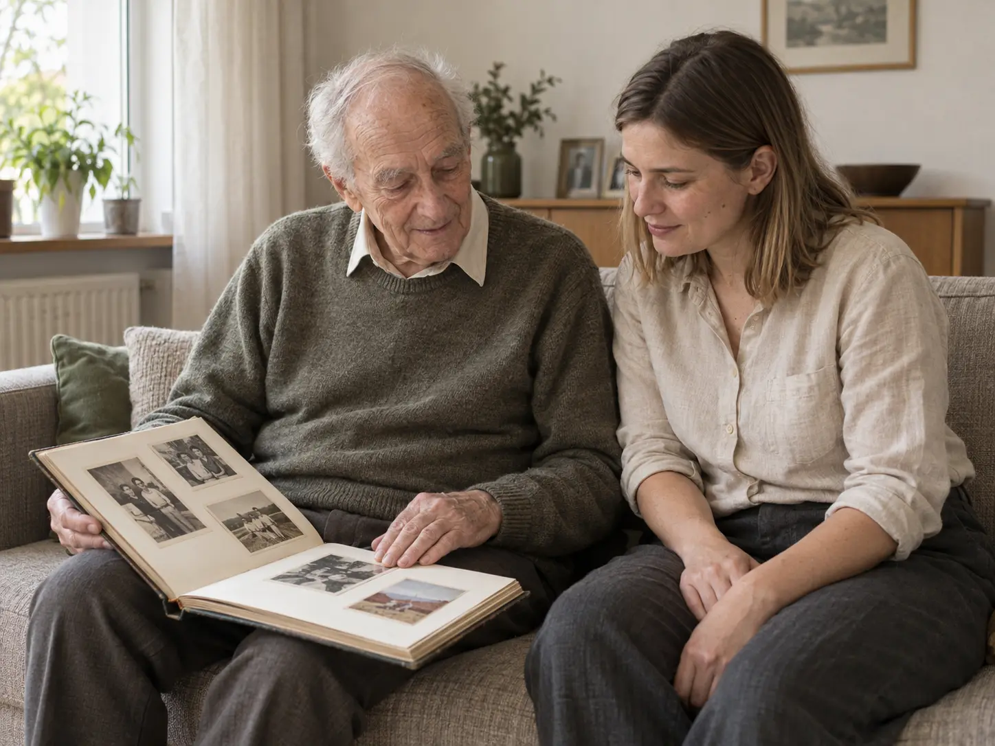 Älterer Mann schaut mit einer jüngeren Frau auf dem Sofa ein Fotoalbum an.