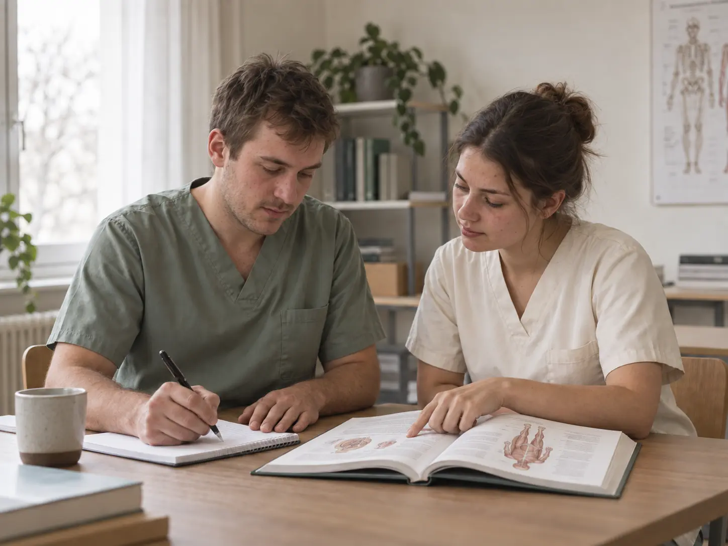 Zwei Personen in Pflegekleidung lernen gemeinsam mit einem Anatomiebuch.