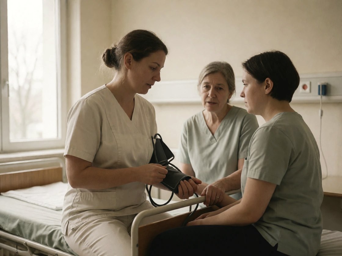 Pflegefachfrau mit einer Blutdruckmanschette im Gespräch mit zwei Personen an einem Pflegebett.